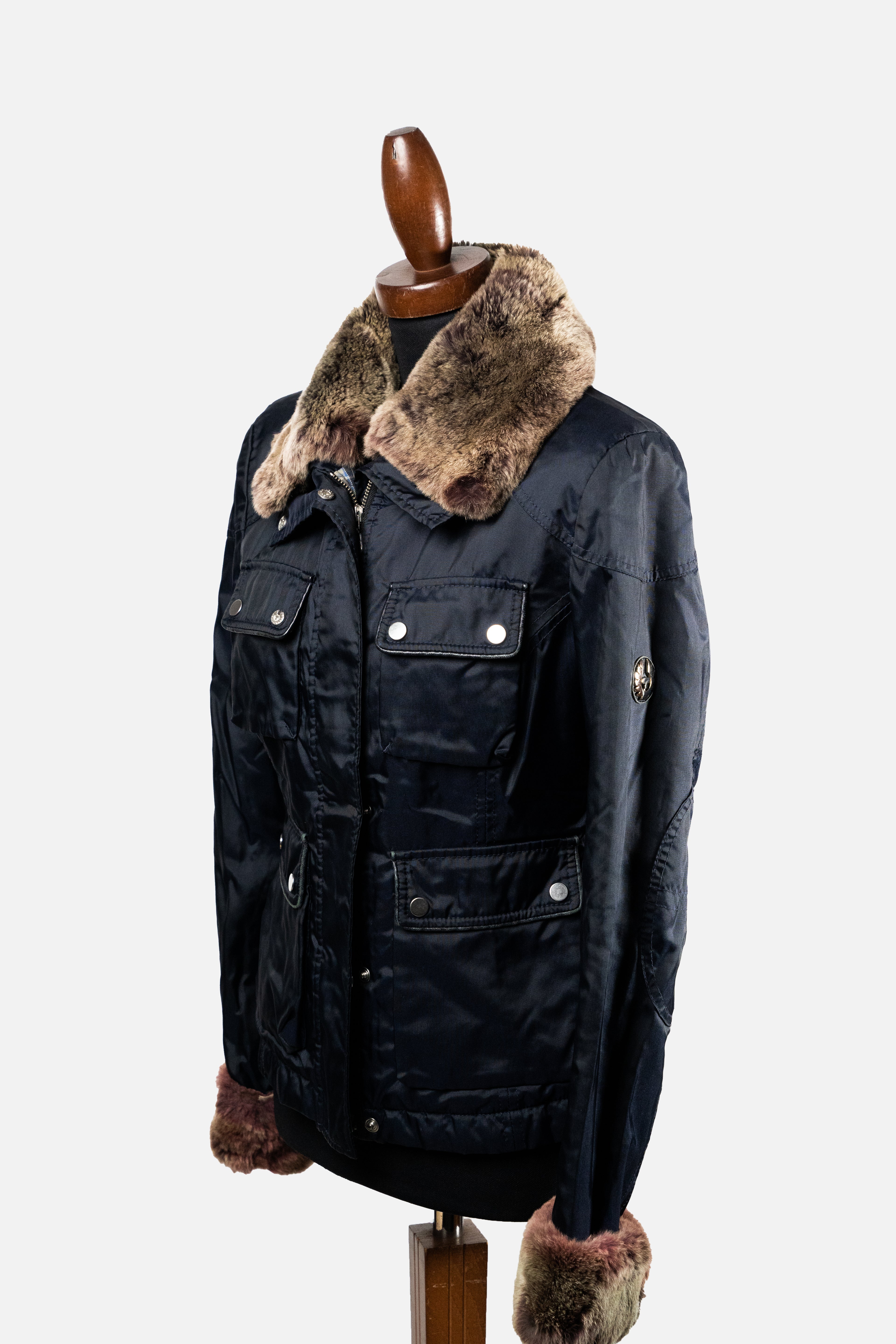 Belstaff Dark Blue Waxed Cotton Jacket with Removable Fur Details