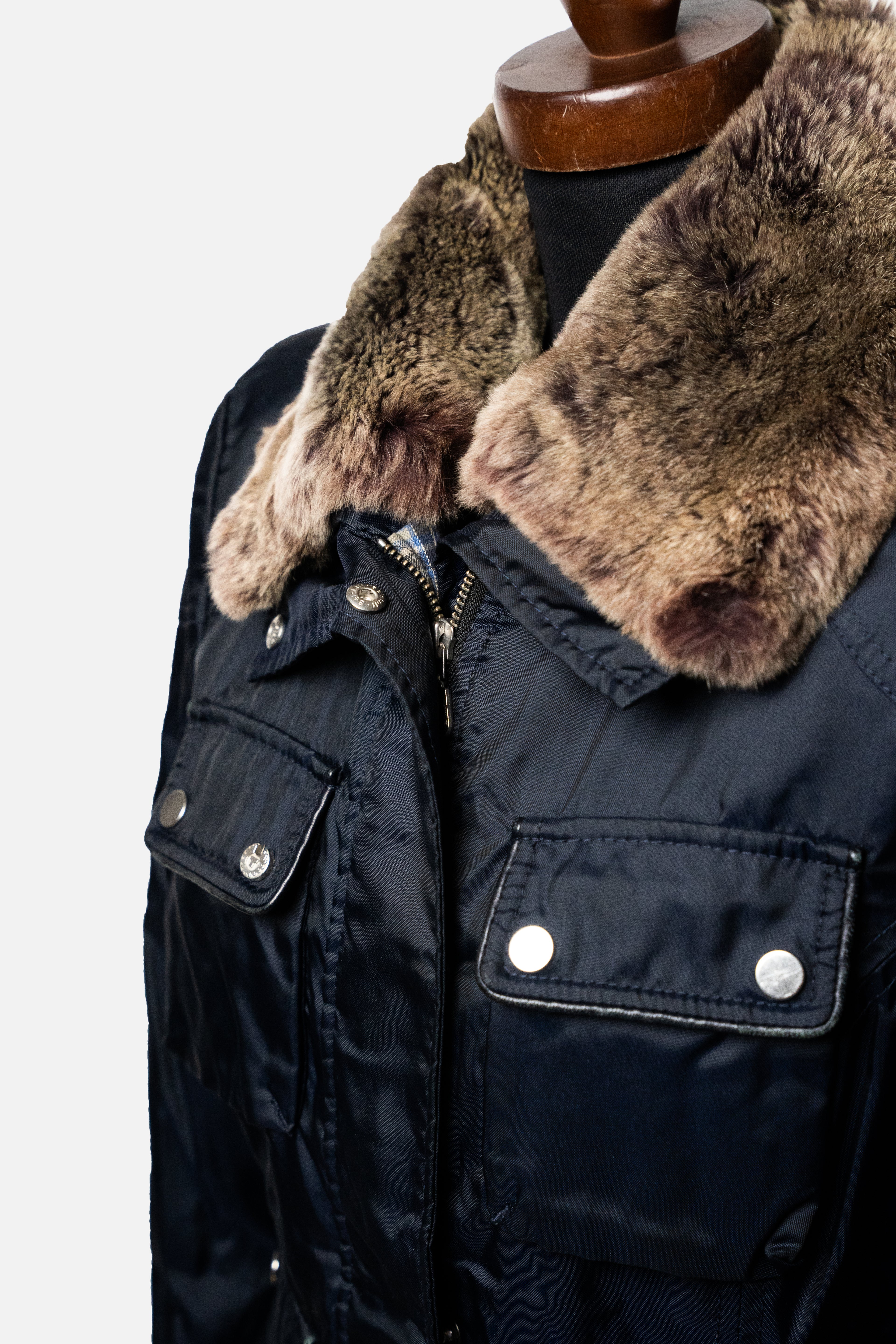 Belstaff Dark Blue Waxed Cotton Jacket with Removable Fur Details