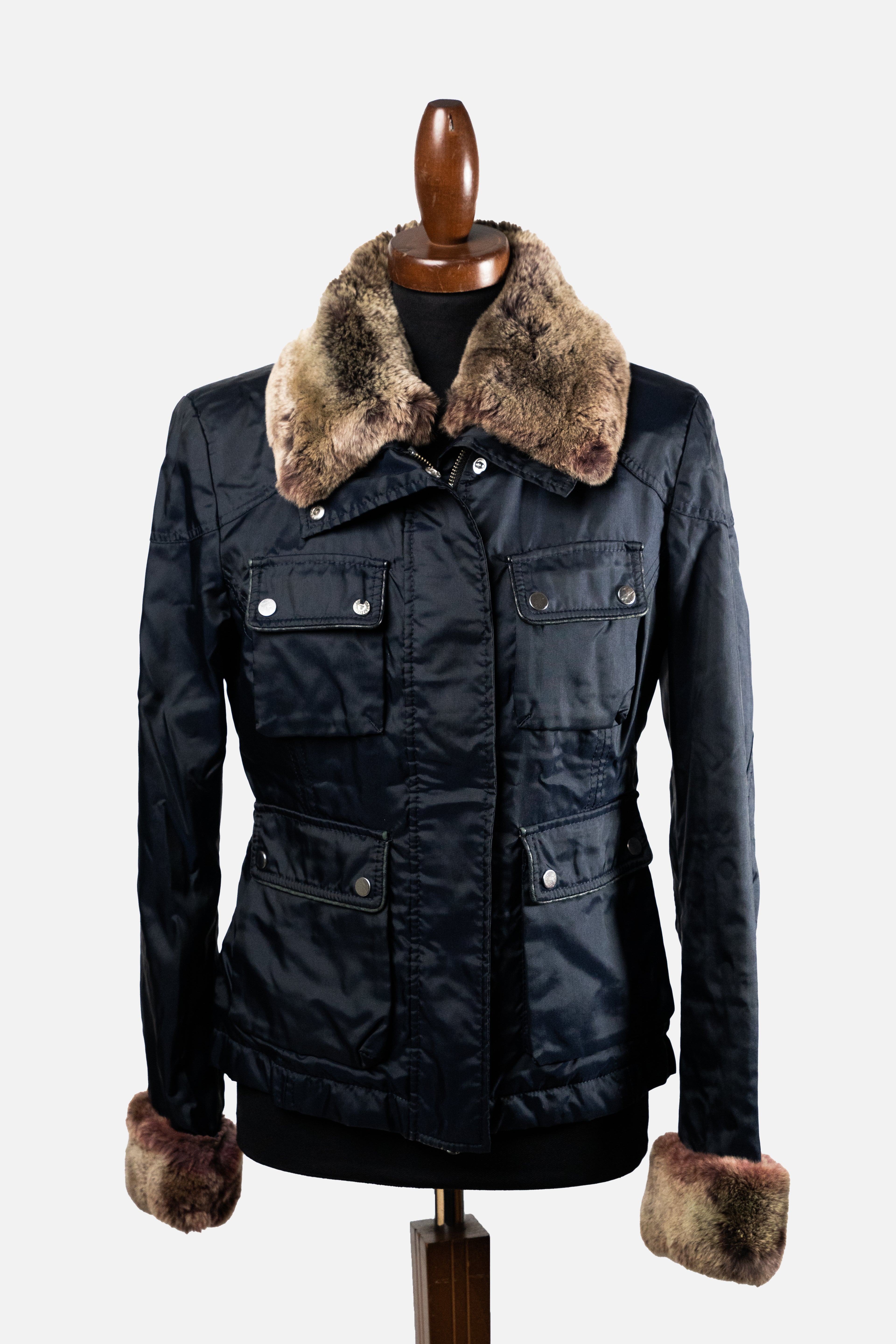 Belstaff Dark Blue Waxed Cotton Jacket with Removable Fur Details