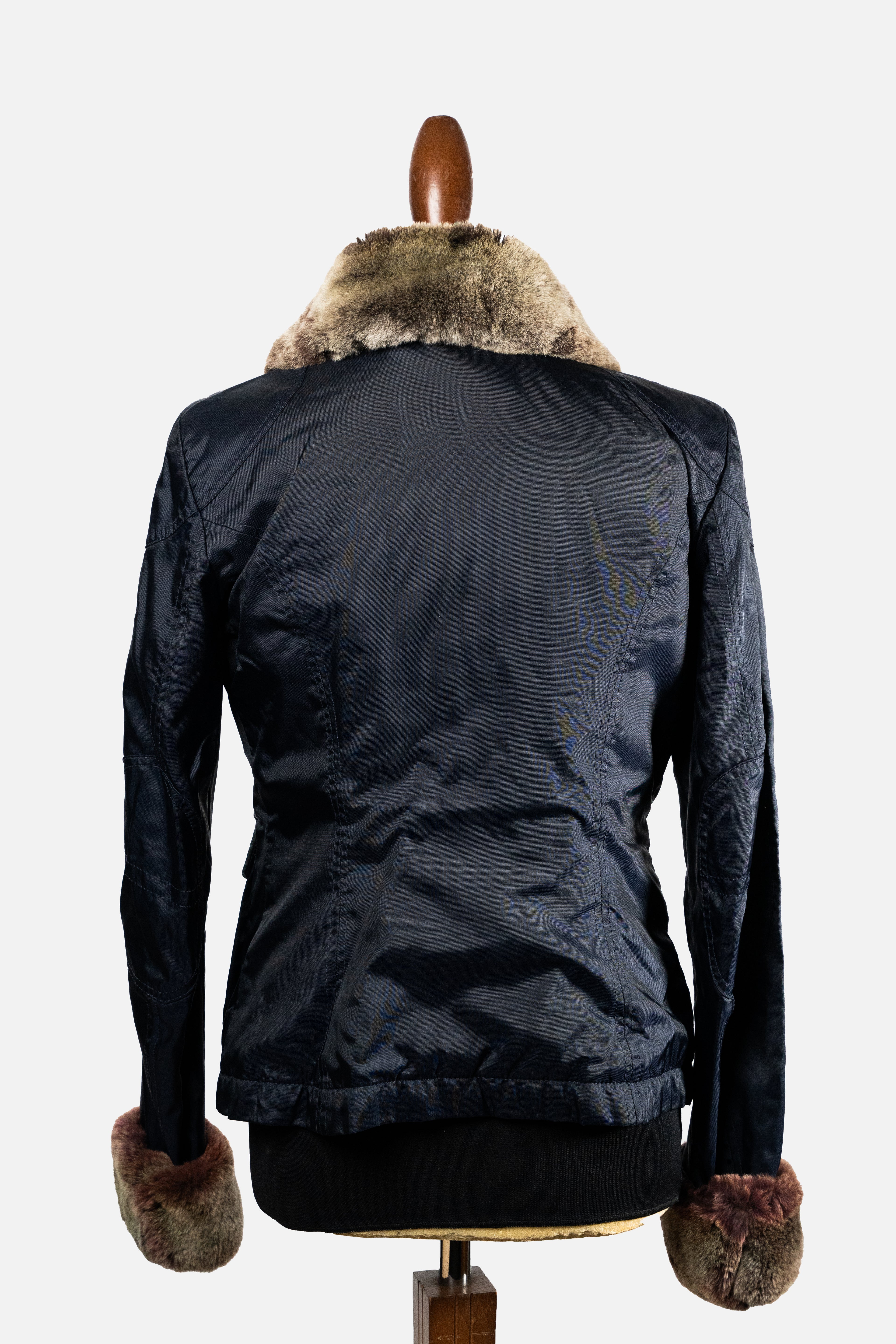 Belstaff Dark Blue Waxed Cotton Jacket with Removable Fur Details