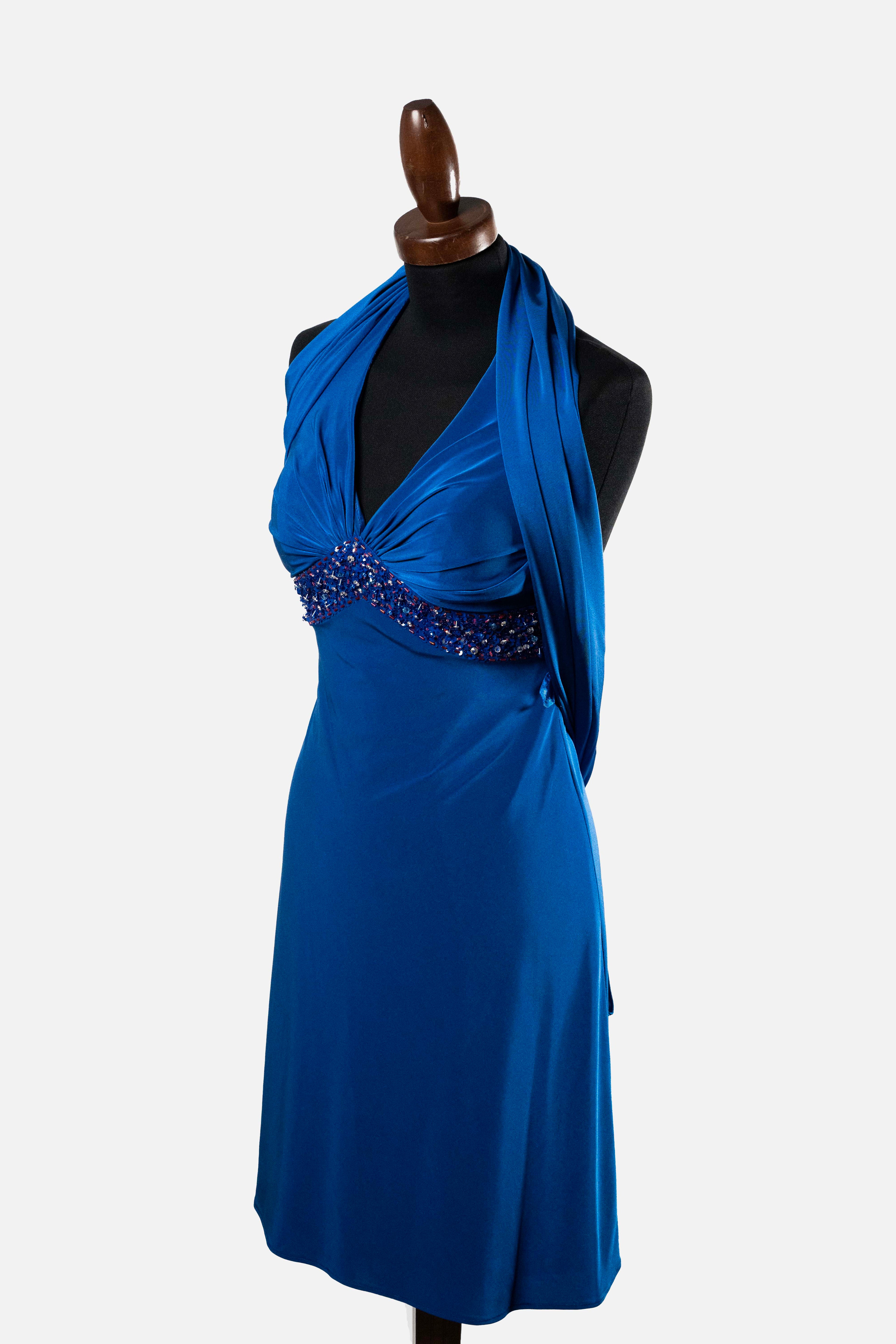 Pierre Cardin Royal Blue Halter Dress with Beading & Scarf