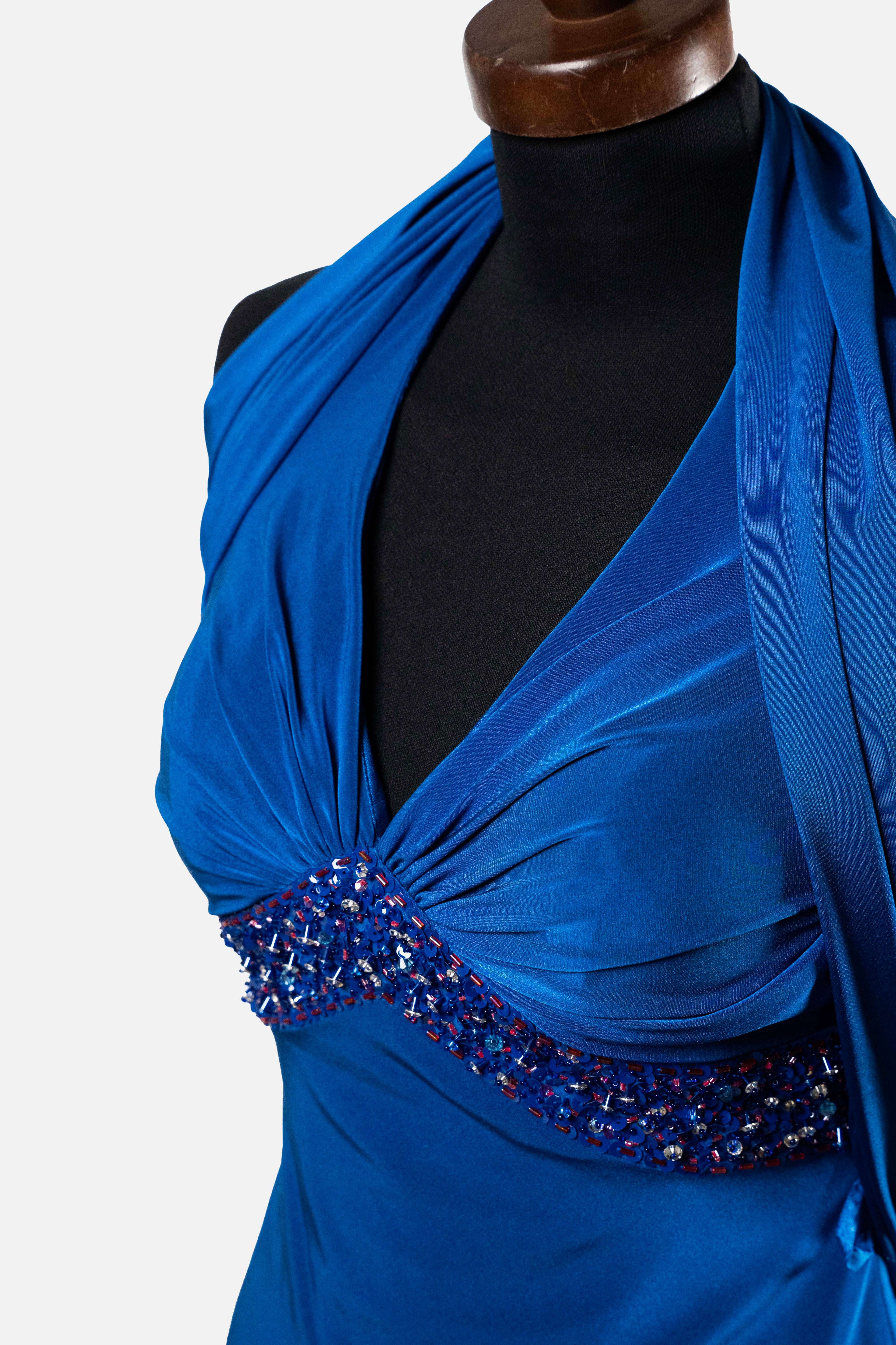 Pierre Cardin Royal Blue Halter Dress with Beading & Scarf