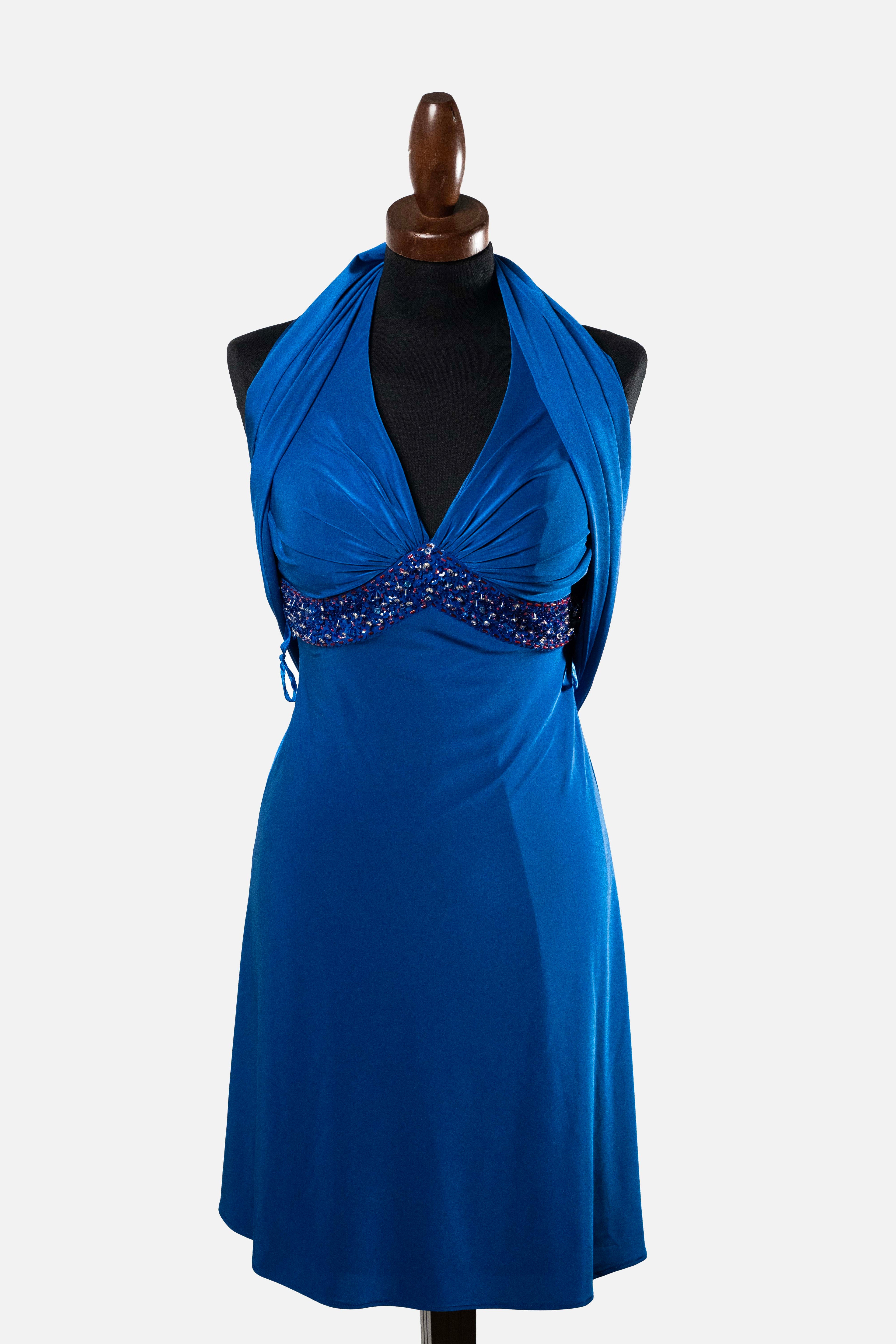 Pierre Cardin Royal Blue Halter Dress with Beading & Scarf