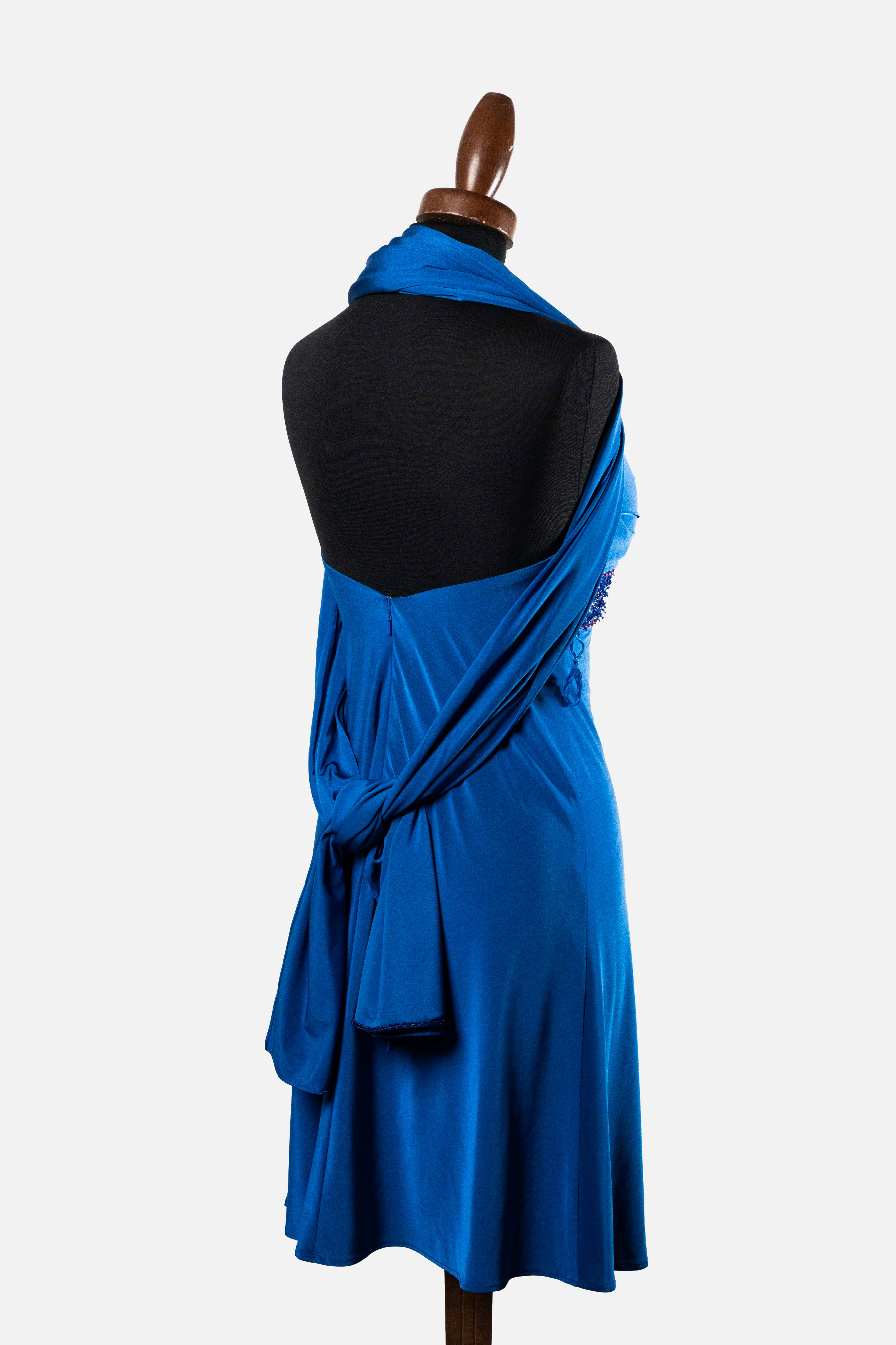 Pierre Cardin Royal Blue Halter Dress with Beading & Scarf