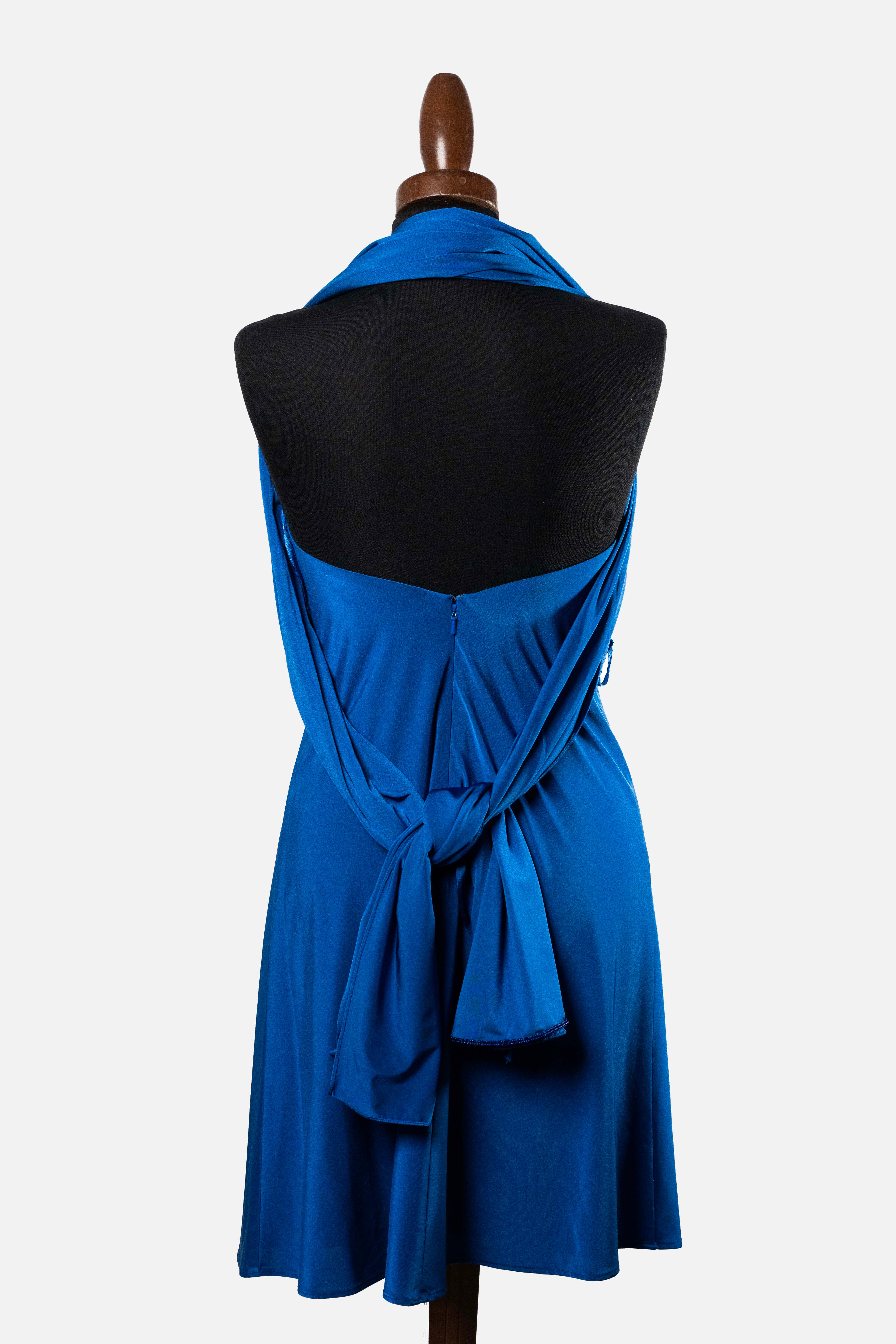 Pierre Cardin Royal Blue Halter Dress with Beading & Scarf