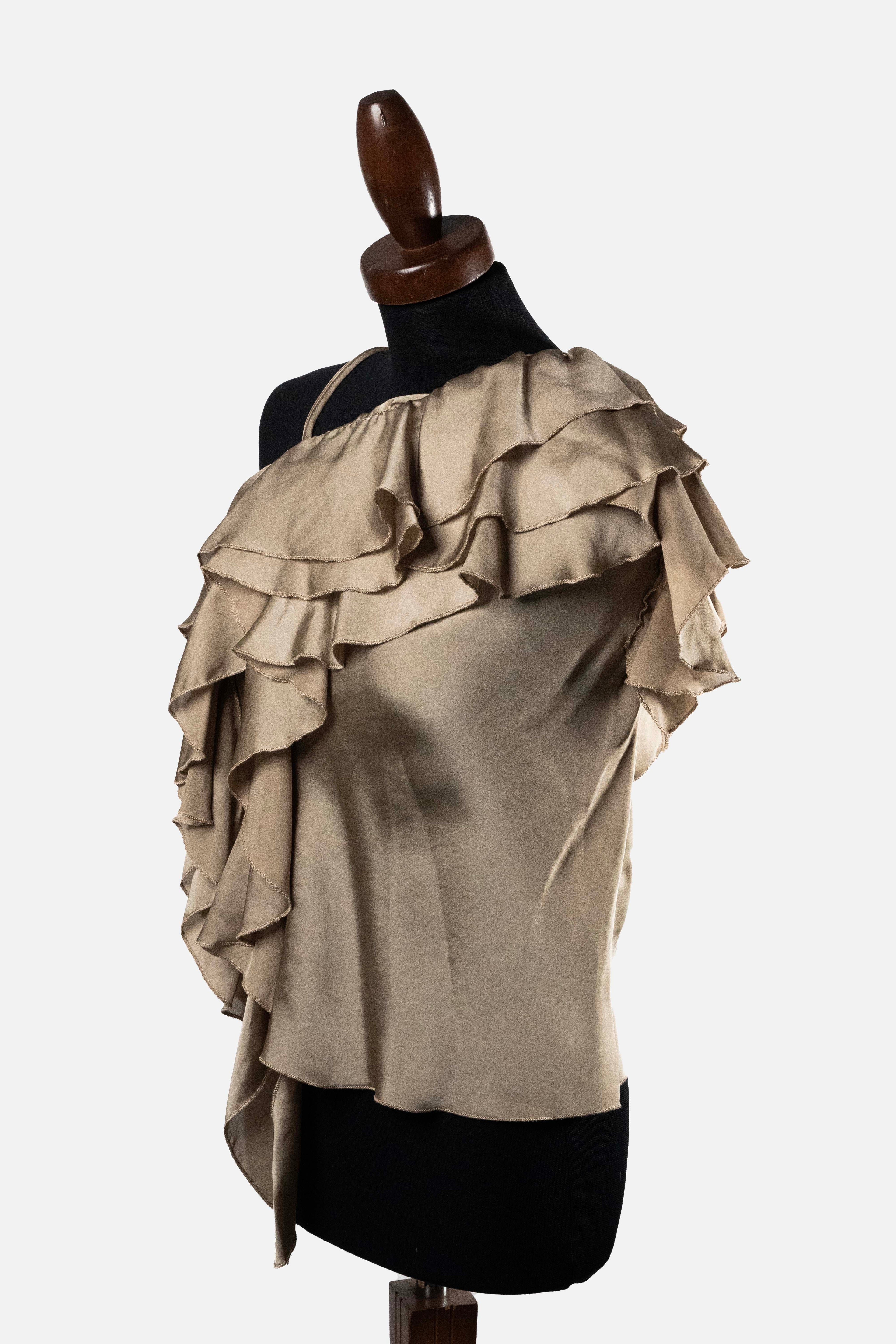 Imperial Women's One-Shoulder Ruffle Blouse in Taupe Satin