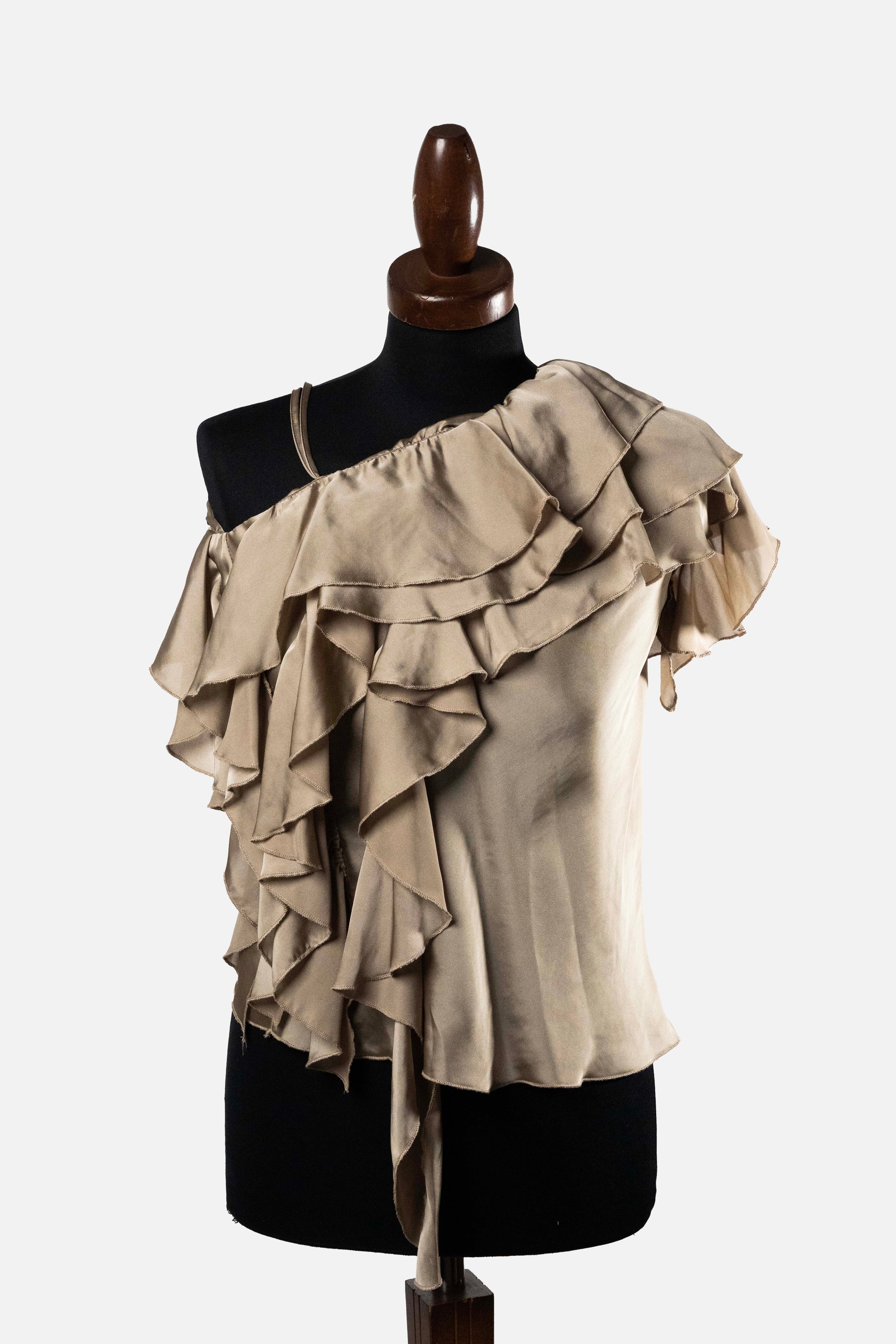 Imperial Women's One-Shoulder Ruffle Blouse in Taupe Satin