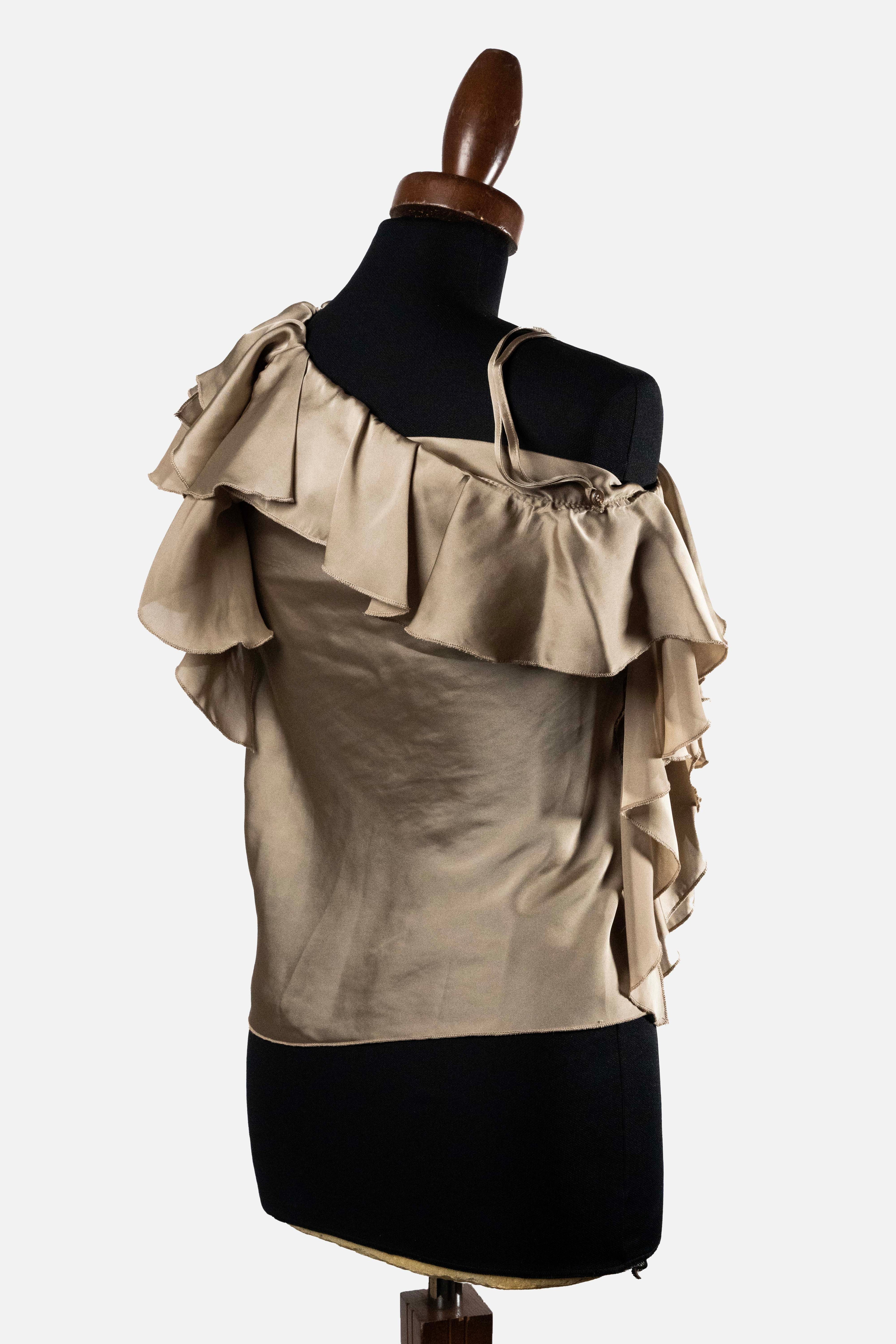Imperial Women's One-Shoulder Ruffle Blouse in Taupe Satin