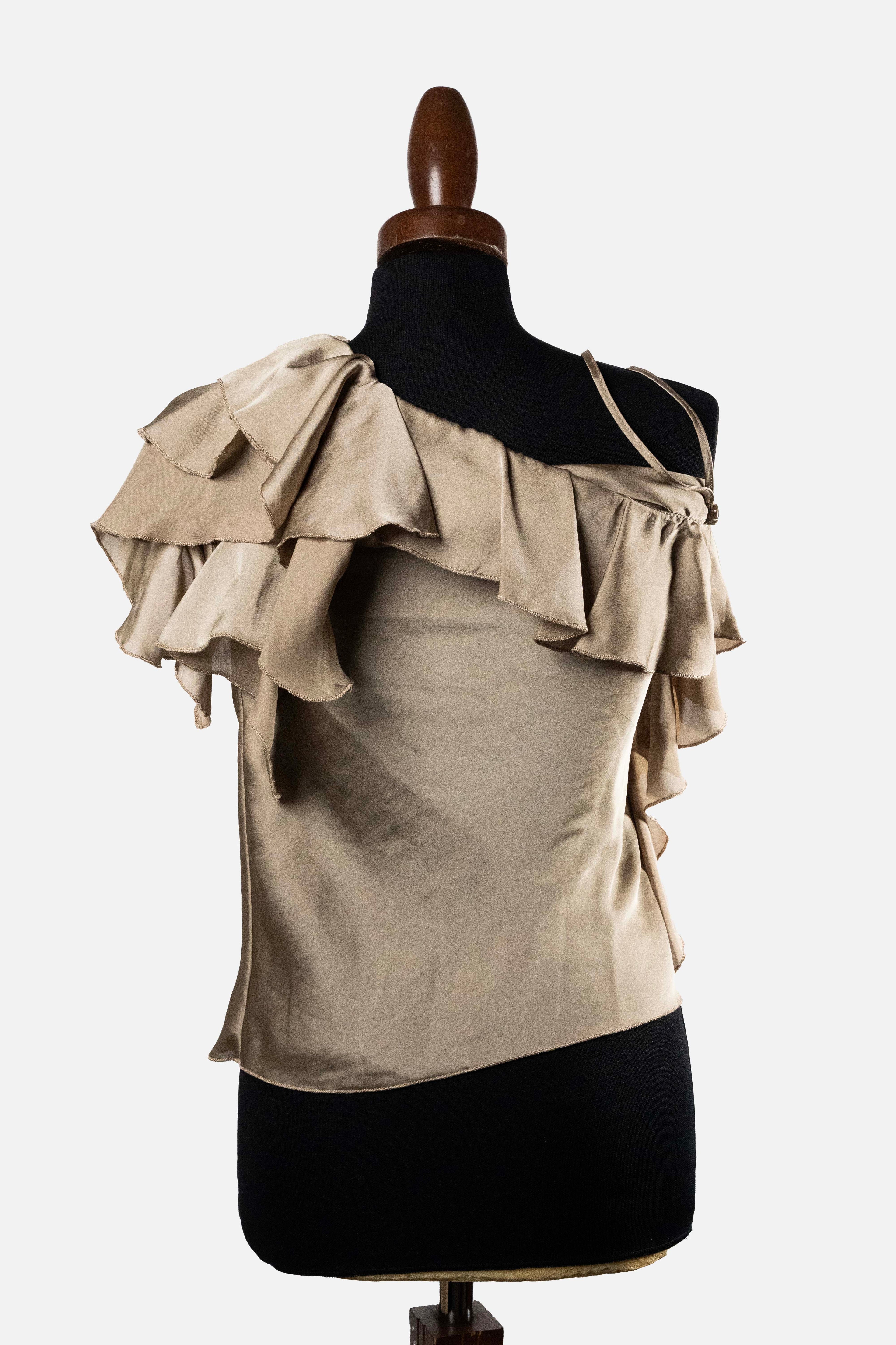 Imperial Women's One-Shoulder Ruffle Blouse in Taupe Satin